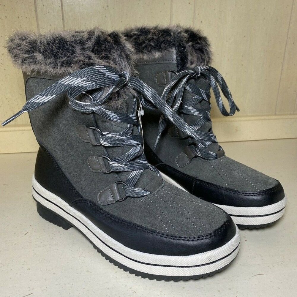 Women’s Winter Snow Boots Faux Fur Lace Up Dark Gray Black 6